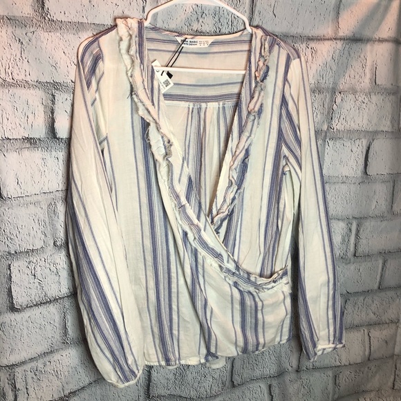 Zara jeans striped top with ruffle crossover - Picture 1 of 4